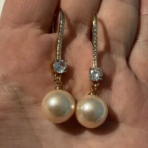 💄Luxurious Pale Pink Pearl & Cz Diamond Drop GoldTone Earrings